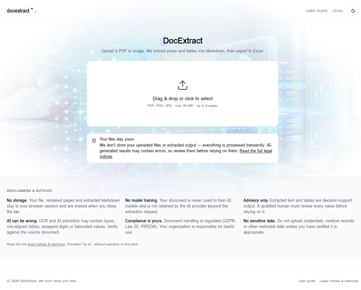 Full DocExtract upload page with disclaimers section