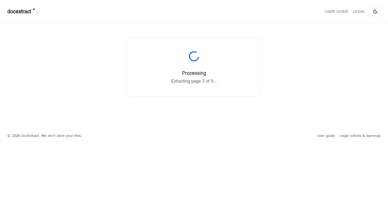 Processing card with spinner showing extraction progress (page 3 of 5)
