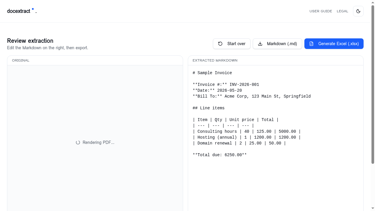 Review screen with original document on the left and editable Markdown on the right