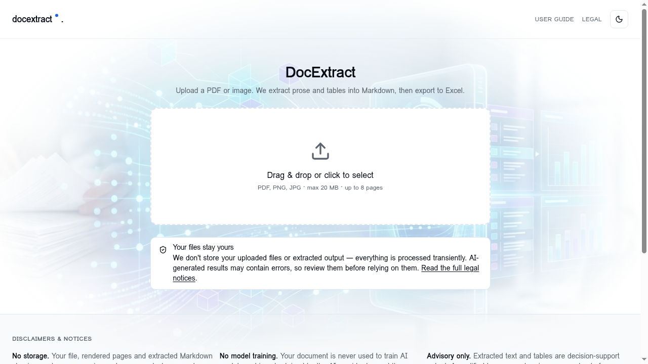 Drag-and-drop uploader accepting PDF, PNG and JPG files